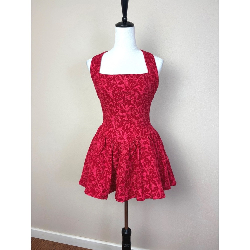 NEW 12th Tribe Red Floral Drop Waist Halter Top Mini Dress XS Party